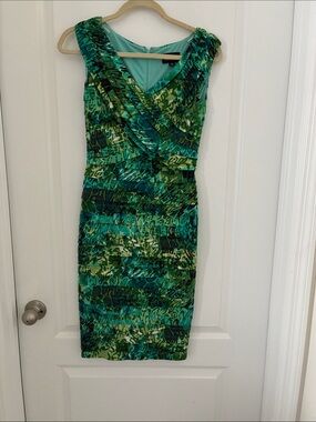 Adrianna Papell Teal and Green V-Neck Sheath Dress